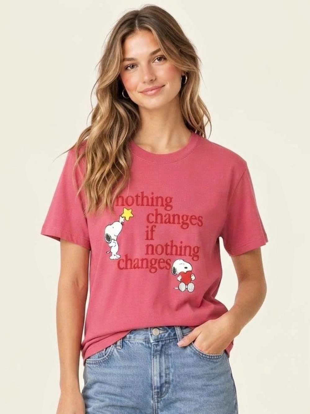 Snoopy Peanuts Nothing Changes Graphic T Shirt Pink Short Sleeve Tee